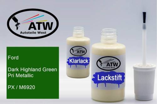 Ford, Dark Highland Green Pri Metallic, PX / M6920: 20ml Lackstift + 20ml Klarlack - Set, von ATW Autoteile West.